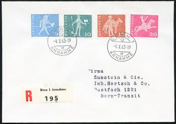 Francobolli: 355L-360L,363L,367L - 1963 Motivi e monumenti di storia postale, carta fluorescente, grana viola