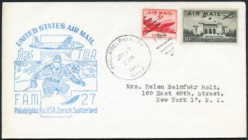 Briefmarken: RF49.1 c. - 17. Januar 1949 Washington-Philadelphia-New York-Paris-Zürich-Rom-Athen-Cairo