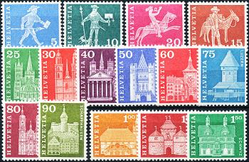 Francobolli: 355L-371L - 1963-1968 Motivi e monumenti di storia postale, carta fluorescente, grana viola