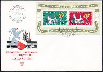 Timbres: W35 - 1955 bloc commémoratif pour le nat. Exposition de timbres à Lausanne, ET français