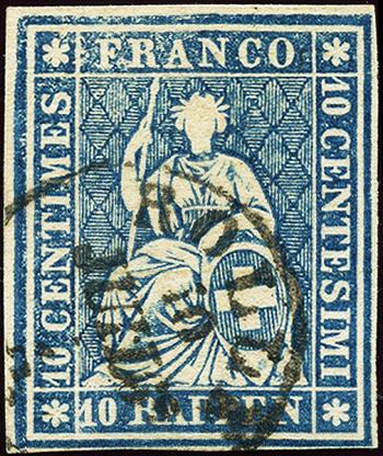 Timbres: 23G - 1859 Estampe de Berne, 4e période d'impression, papier de Zurich