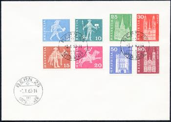 Timbres: 355L-360L,363L,367L - 1963 Motifs et monuments de l'histoire postale, papier fluo, grain violet
