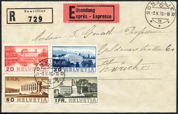 Francobolli: 211-214 - 1938 Immagini degli edifici della Società delle Nazioni e dell'Ufficio del Lavoro