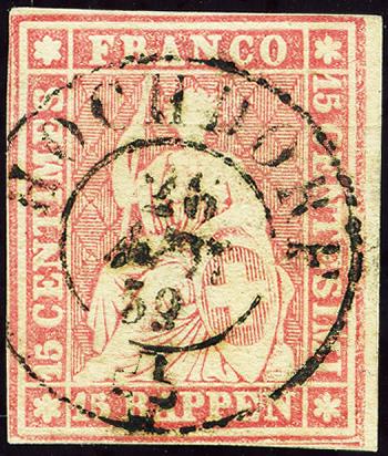 Timbres: 24D - 1857 Estampe de Berne, 3e période d'impression, papier de Zurich