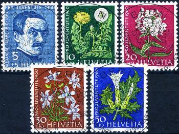 Stamps: J183-J187 - 1960 Pro Juventute, Portrait of Alexandre Calames and pictures of flowers