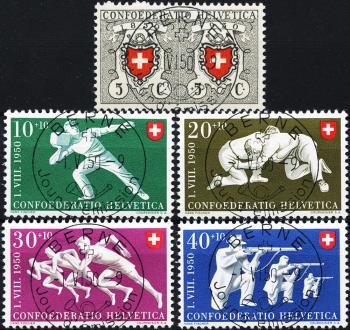 Timbres: B46-B50 - 1950 100 ans de La Poste Suisse et de représentations sportives, ET. Français