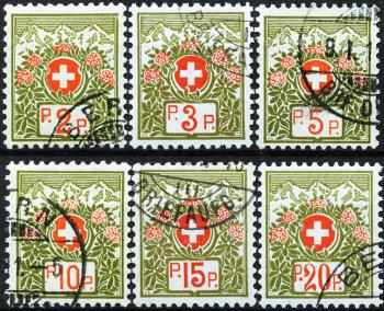 Timbres: PF2B-PF7B - 1911-1926 Armoiries suisses et roses des Alpes, papier bleu-vert