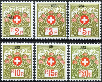 Timbres: PF2A-PF7A - 1911-1926 Armoiries suisses et roses des Alpes, papier bleu-vert