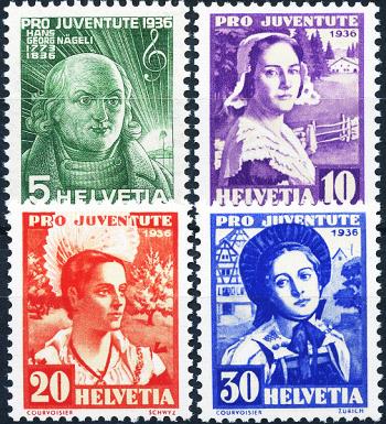 Stamps: J77-J80 - 1936 Portrait of Hans G. Nageli and Swiss women's costumes