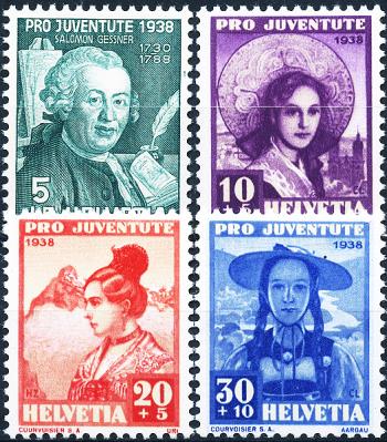 Stamps: J85-J88 - 1938 Portrait of S. Gessner and Swiss women's costumes