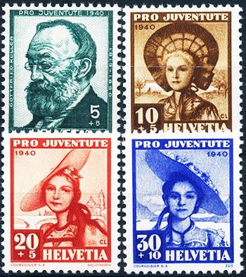 Stamps: J93-J96 - 1940 Portrait of Gottfried Keller and Swiss women's costumes