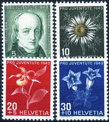 Stamps: J105-J108 - 1943 Portrait of Emmanuel V. Fellenbergs and alpine flowers