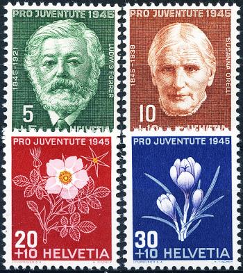 Timbres: J113-J116 - 1945 Portraits de Ludwig Forrer et Susanna Orelli, photos de fleurs alpines