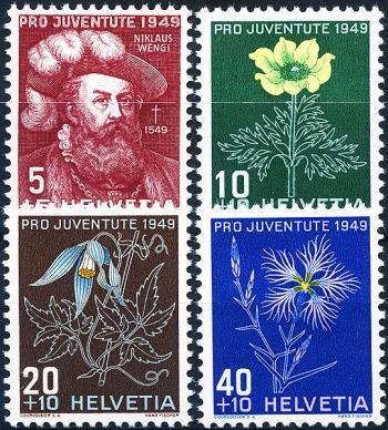 Francobolli: J129-J132 - 1949 Ritratto di N. Wengis e immagini di fiori alpini