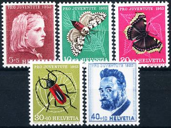 Stamps: J148-J152 - 1953 Portrait of a girl, insects and Ferdinand Hodler's self-portrait