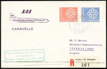 Timbres: RF59.8 e. - 17. Juli 1959 Premier vol en jet via Genève avec Caravelle