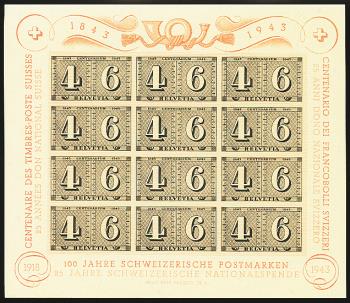 Timbres: W16 - 1943 Feuille de luxe 100 ans de timbres-poste suisses