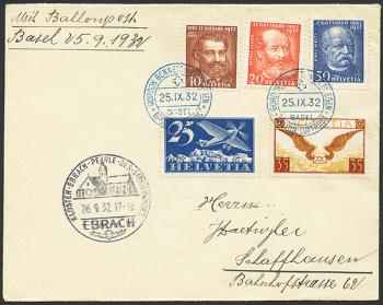Briefmarken: SF32.10a - 25. September 1932 Ballonpost Gordon - Bennett - Wettfahrt Basel