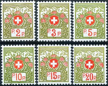 Thumb-1: PF2B-PF7B - 1911-1926, Schweizer Wappen und Alpenrosen, blaugrünes Papier